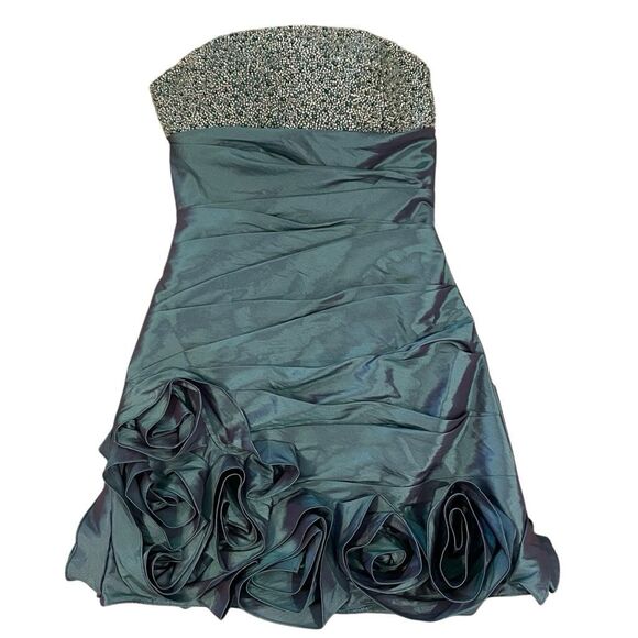 Blush Prom Juniors Cocktail Mini Dress 4 Teal Iridescent Taffeta Beaded Hoco - Picture 1 of 7